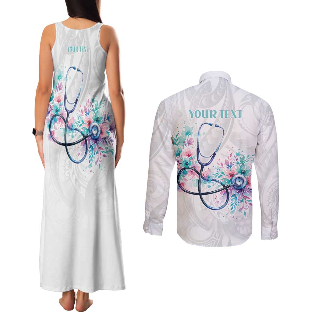 New Zealand Nurses RN Personalised Couples Matching Tank Maxi Dress and Long Sleeve Button Shirt Stethoscope Floral Maori Motif