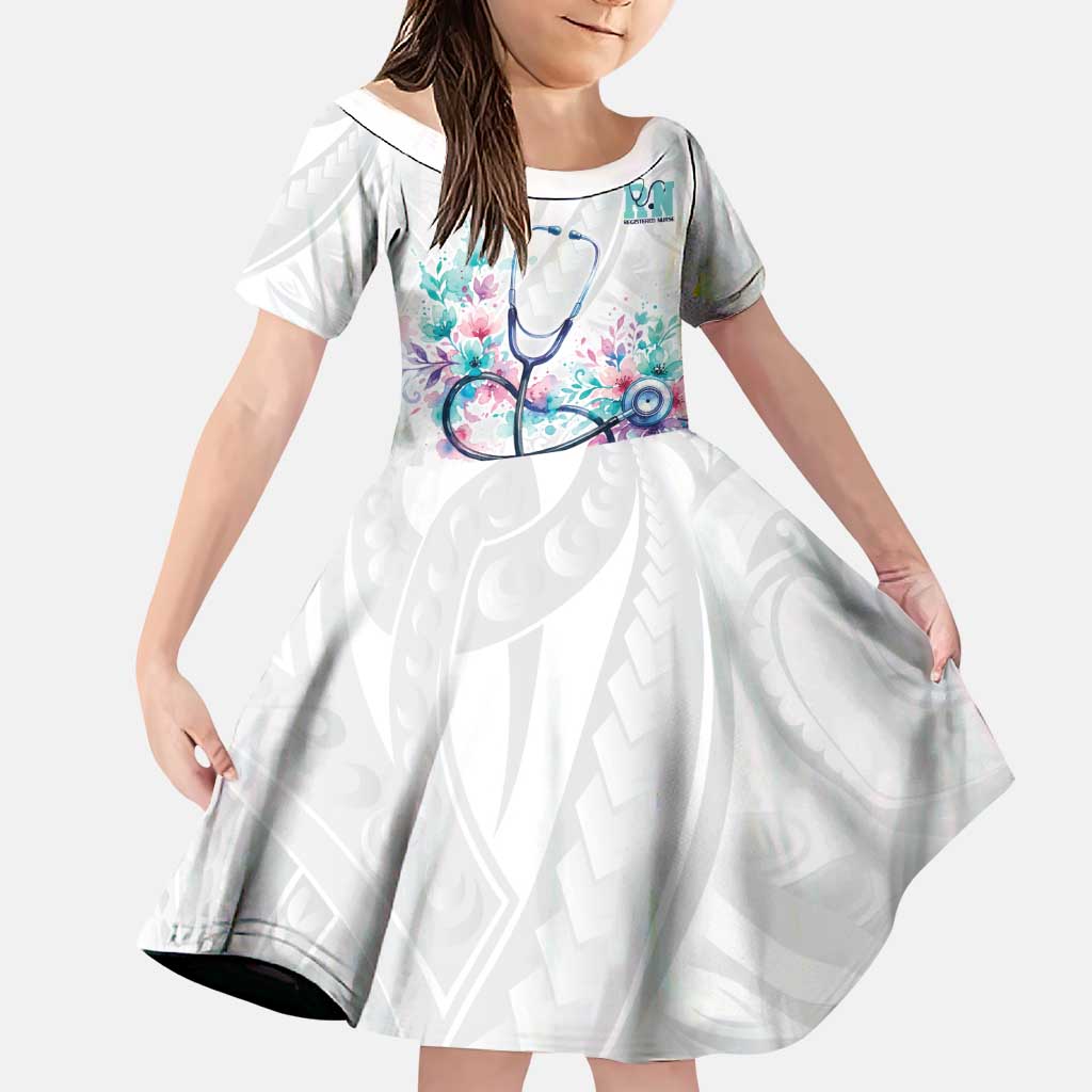 New Zealand Nurses RN Personalised Family Matching Mermaid Dress and Hawaiian Shirt Stethoscope Floral Maori Motif LT9 Daughter's Dress White - Polynesian Pride