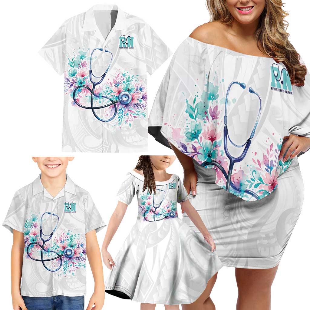New Zealand Nurses RN Personalised Family Matching Off Shoulder Short Dress and Hawaiian Shirt Stethoscope Floral Maori Motif LT9 - Polynesian Pride