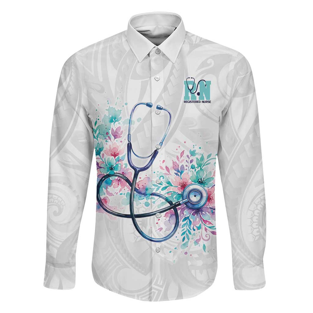 New Zealand Nurses RN Personalised Family Matching Puletasi and Hawaiian Shirt Stethoscope Floral Maori Motif LT9 Dad's Shirt - Long Sleeve White - Polynesian Pride