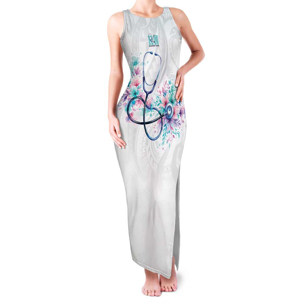 New Zealand Nurses RN Personalised Family Matching Tank Maxi Dress and Hawaiian Shirt Stethoscope Floral Maori Motif LT9 Mom's Dress White - Polynesian Pride