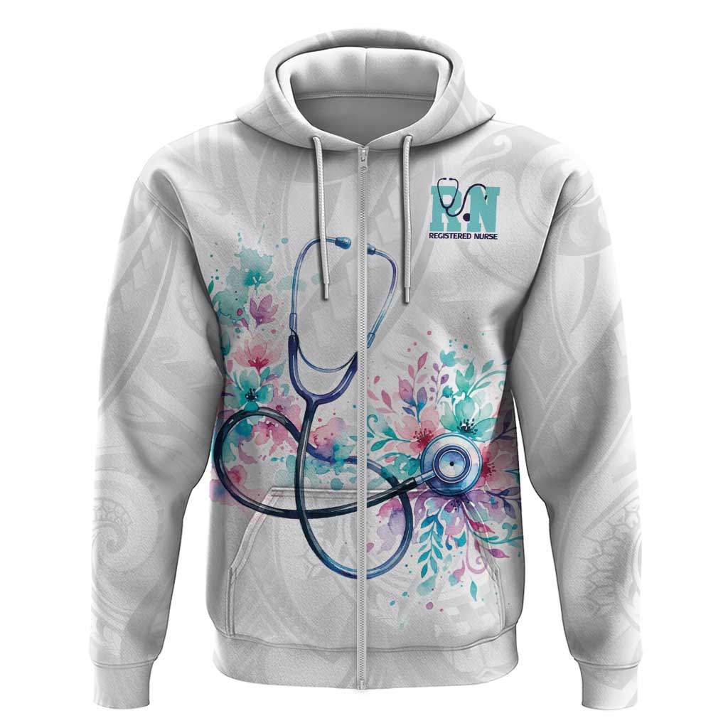 New Zealand Nurses RN Personalised Hoodie Stethoscope Floral Maori Motif LT9 Zip Hoodie White - Polynesian Pride