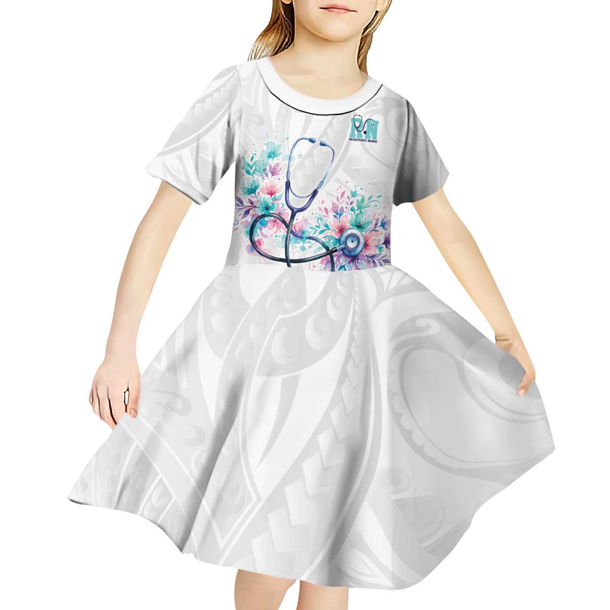 New Zealand Nurses RN Personalised Kid Short Sleeve Dress Stethoscope Floral Maori Motif LT9 - Polynesian Pride
