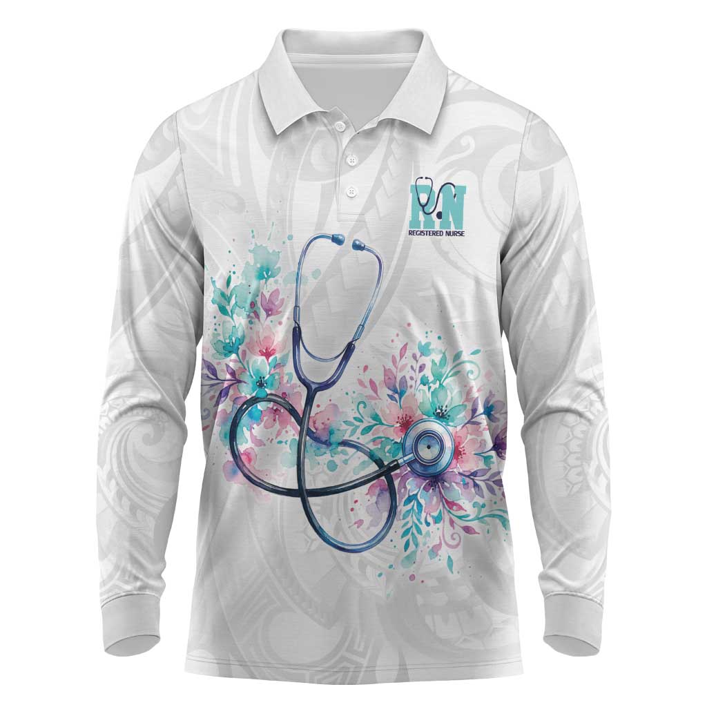 New Zealand Nurses RN Personalised Long Sleeve Polo Shirt Stethoscope Floral Maori Motif LT9 White - Polynesian Pride