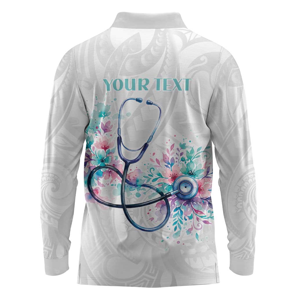 New Zealand Nurses RN Personalised Long Sleeve Polo Shirt Stethoscope Floral Maori Motif