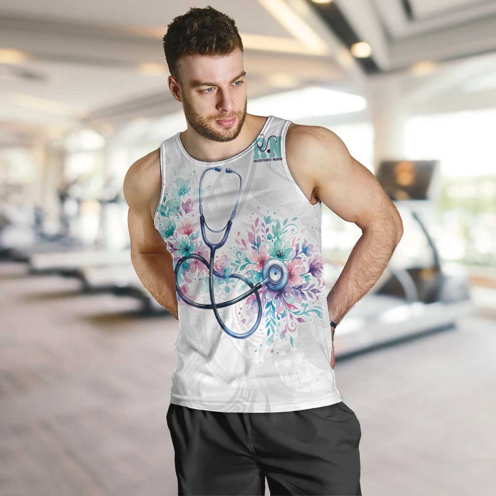 New Zealand Nurses RN Personalised Men Tank Top Stethoscope Floral Maori Motif LT9 White - Polynesian Pride