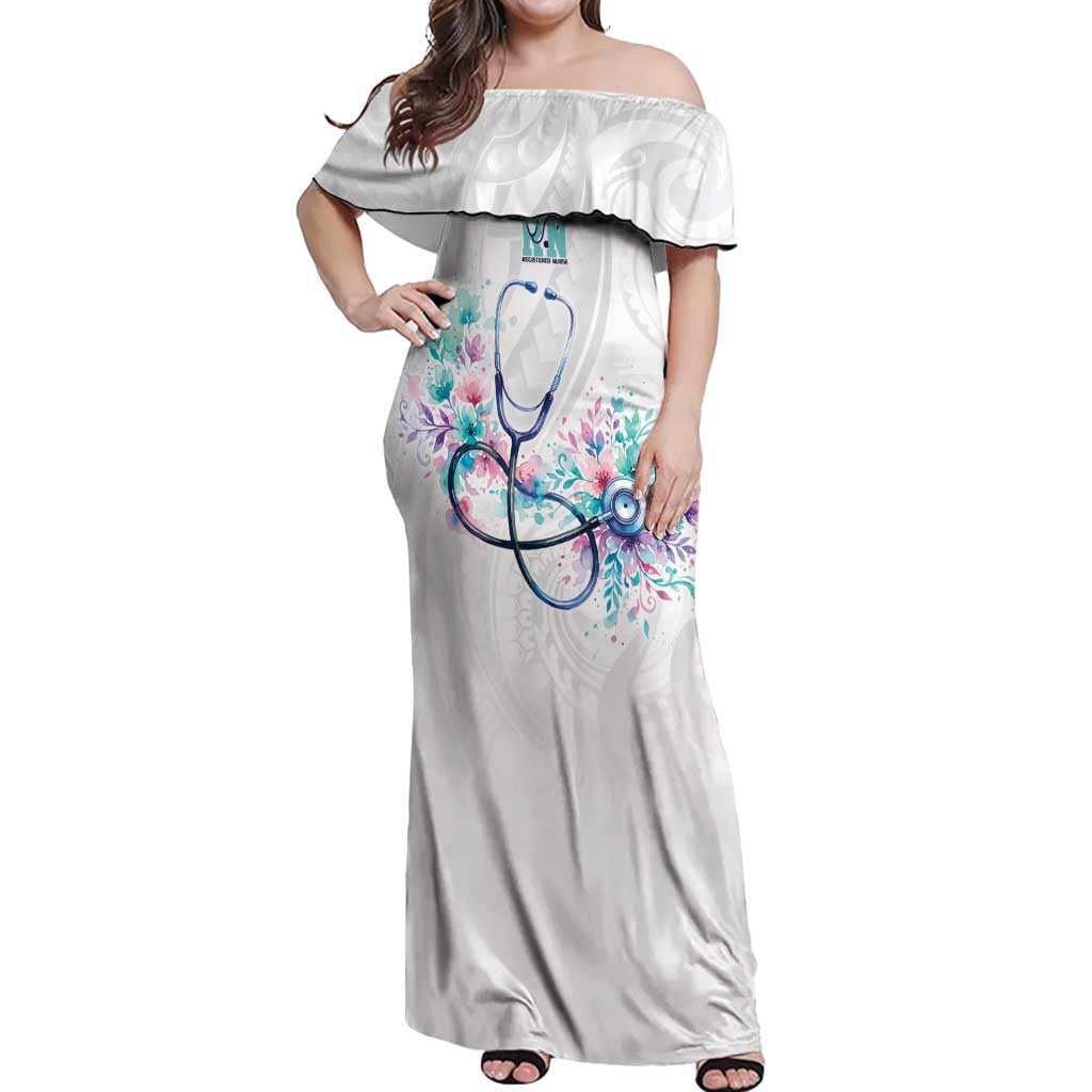 New Zealand Nurses RN Personalised Off Shoulder Maxi Dress Stethoscope Floral Maori Motif