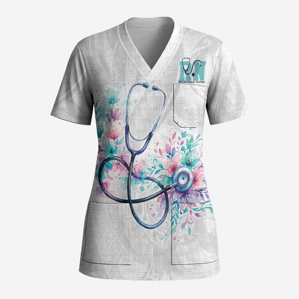 New Zealand Nurses RN Personalised Scrub Top Stethoscope Floral Maori Motif LT9 Adult White - Polynesian Pride