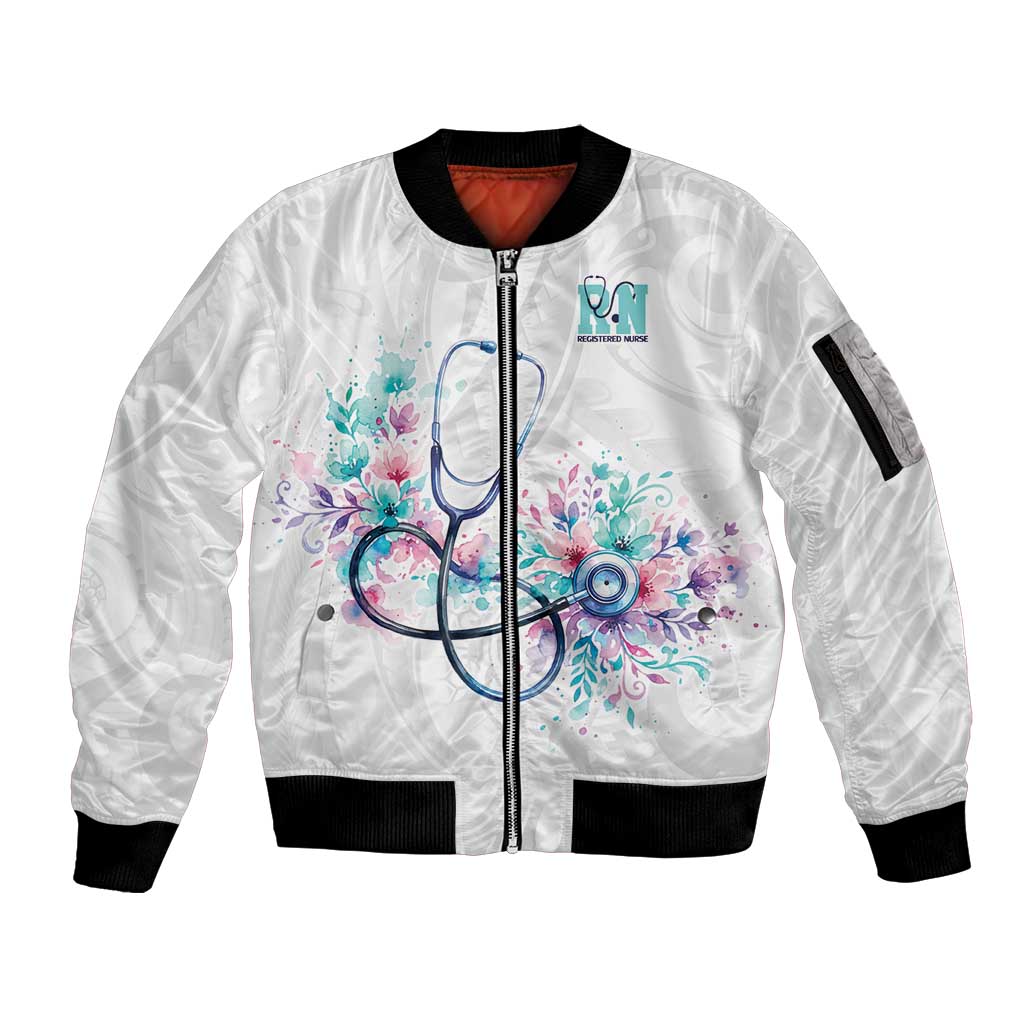 New Zealand Nurses RN Personalised Sleeve Zip Bomber Jacket Stethoscope Floral Maori Motif LT9 Unisex White - Polynesian Pride