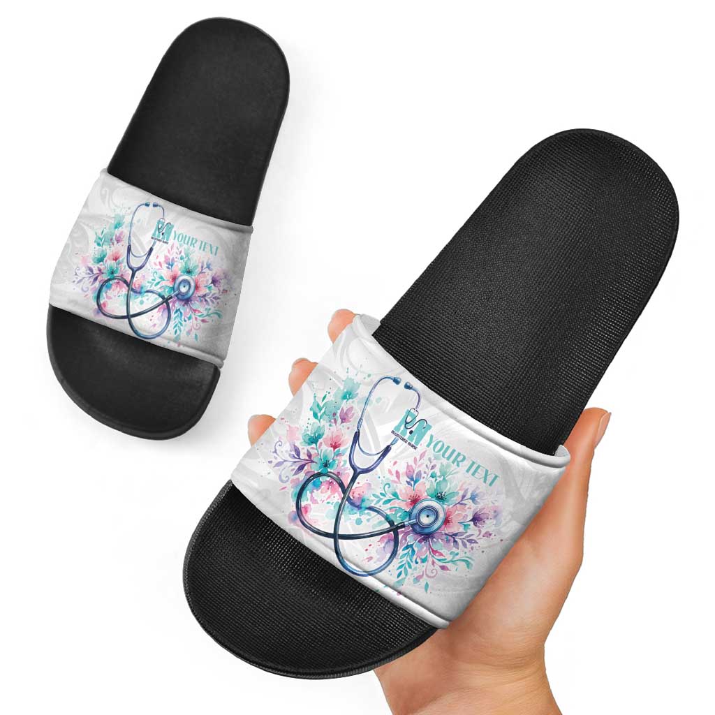New Zealand Nurses RN Personalised Slide Sandals Stethoscope Floral Maori Motif