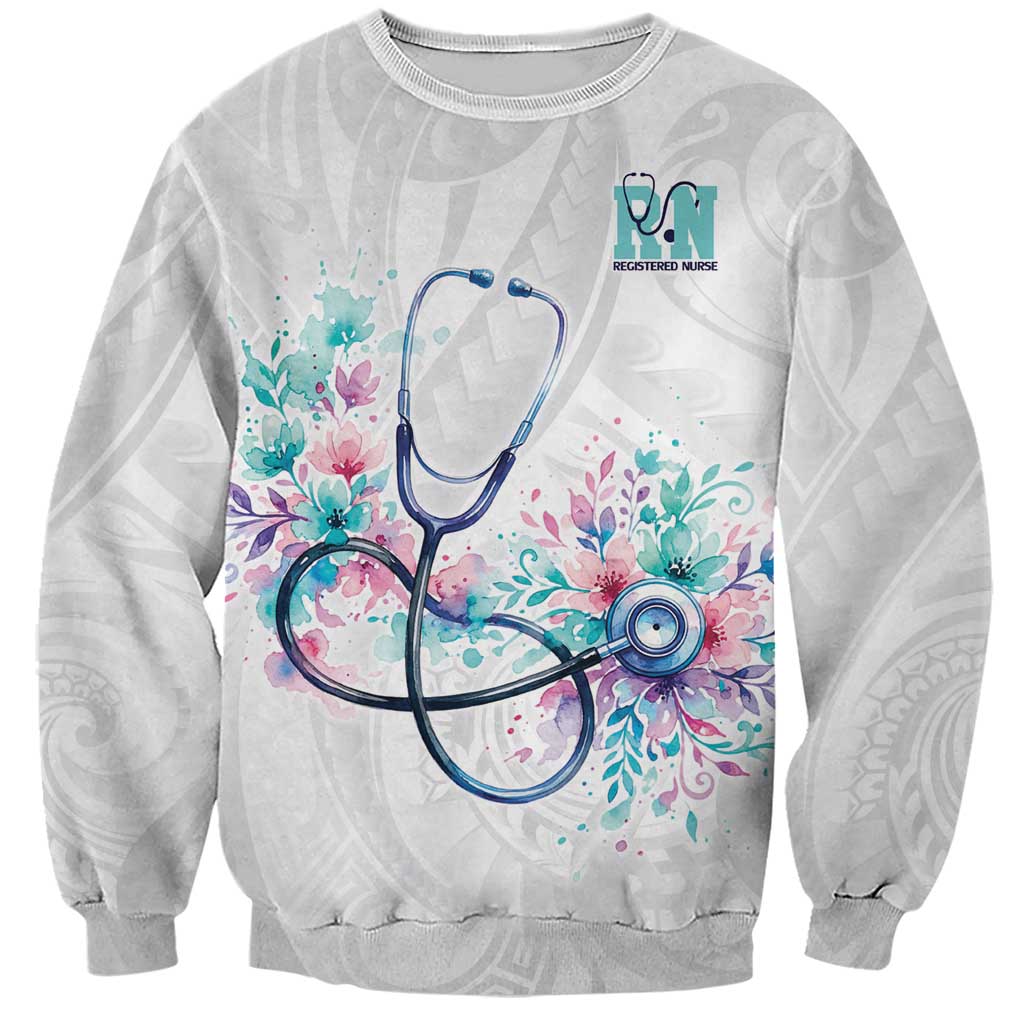 New Zealand Nurses RN Personalised Sweatshirt Stethoscope Floral Maori Motif LT9 Unisex White - Polynesian Pride