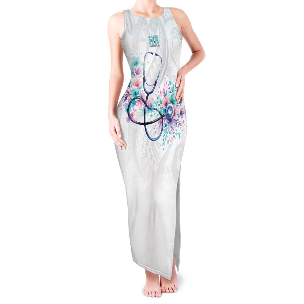 New Zealand Nurses RN Personalised Tank Maxi Dress Stethoscope Floral Maori Motif LT9 Women White - Polynesian Pride