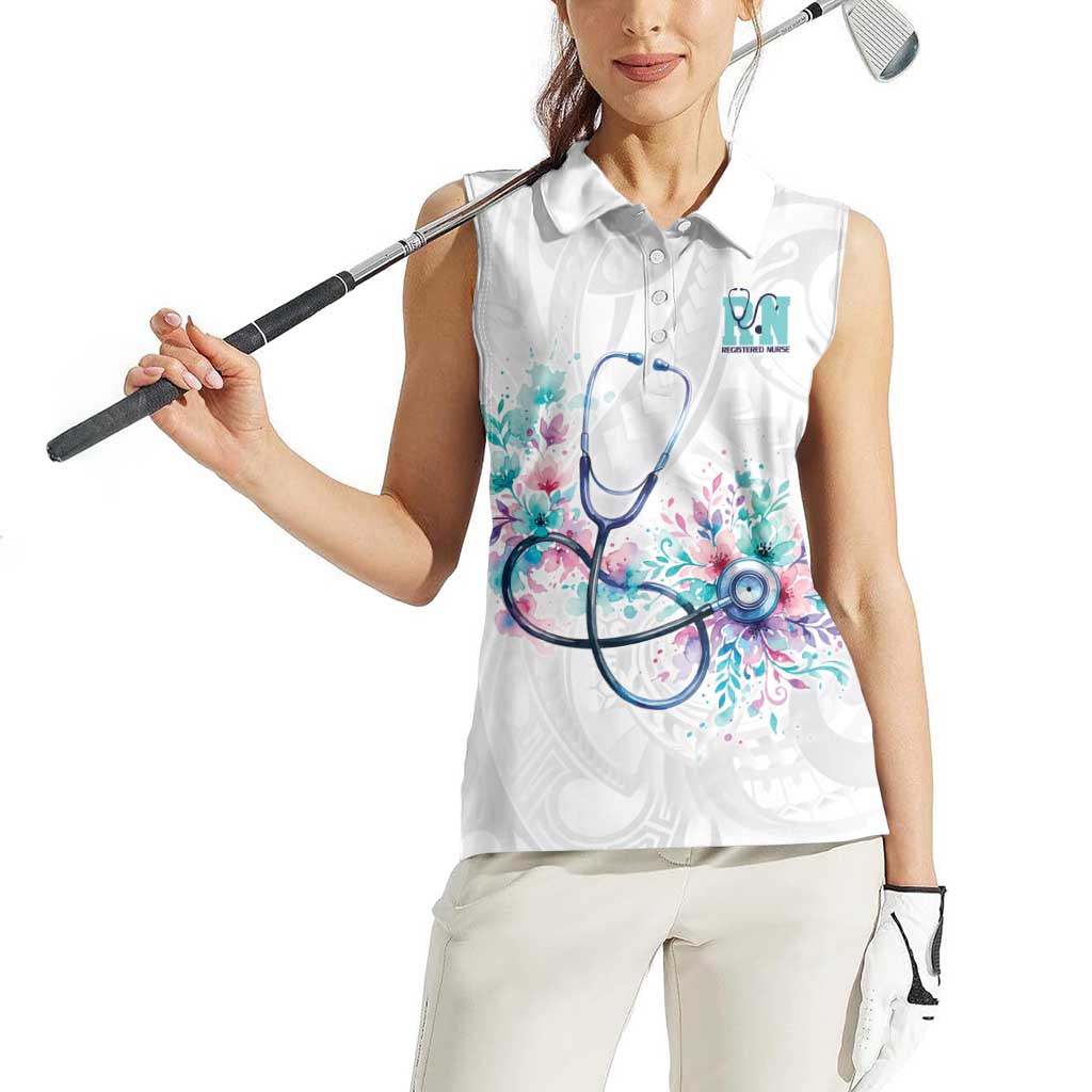 New Zealand Nurses RN Personalised Women Sleeveless Polo Shirt Stethoscope Floral Maori Motif