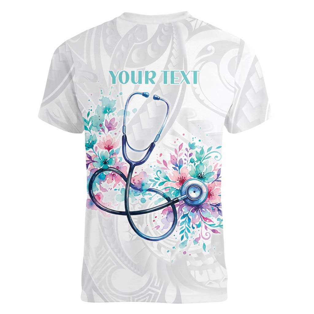 New Zealand Nurses RN Personalised Women V-Neck T-Shirt Stethoscope Floral Maori Motif