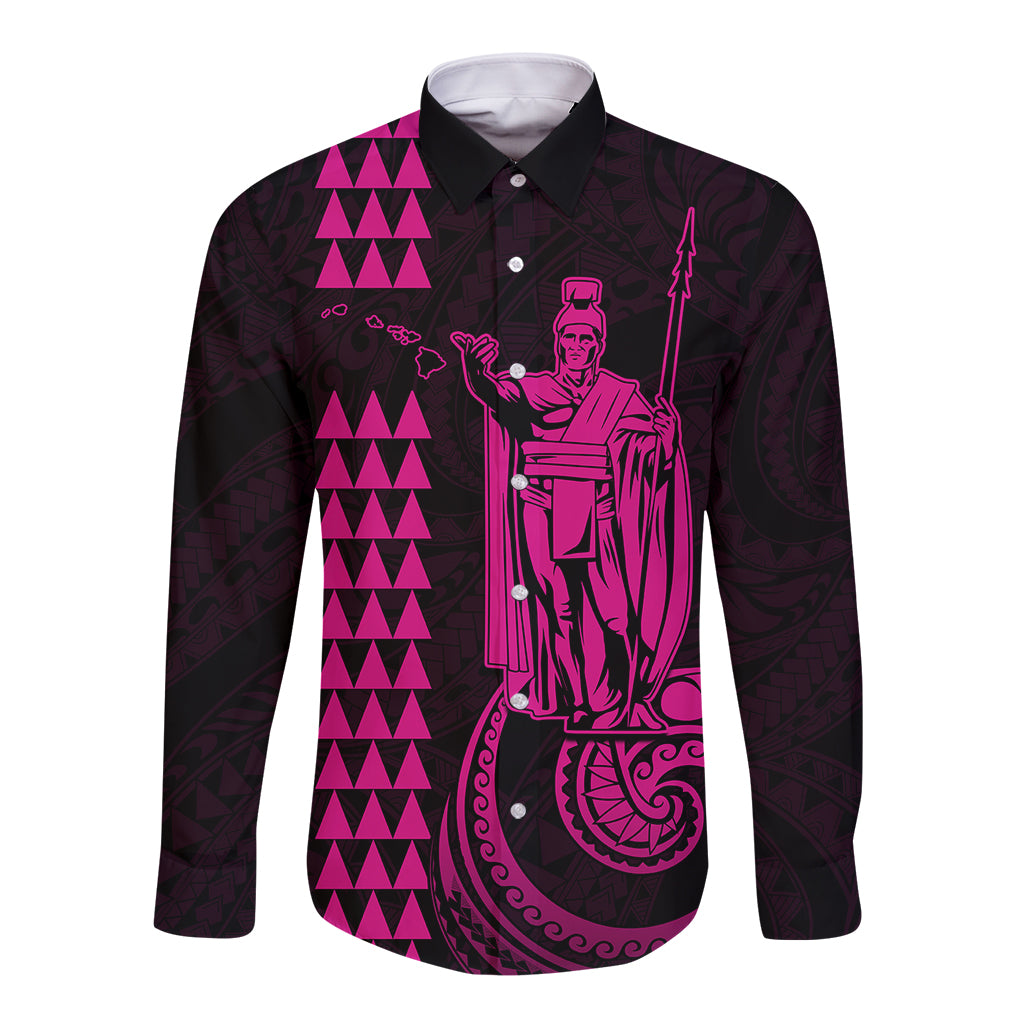 Custom Hawaii Long Sleeve Button Shirt King Kamehameha - Pink LT9 Unisex Pink - Polynesian Pride