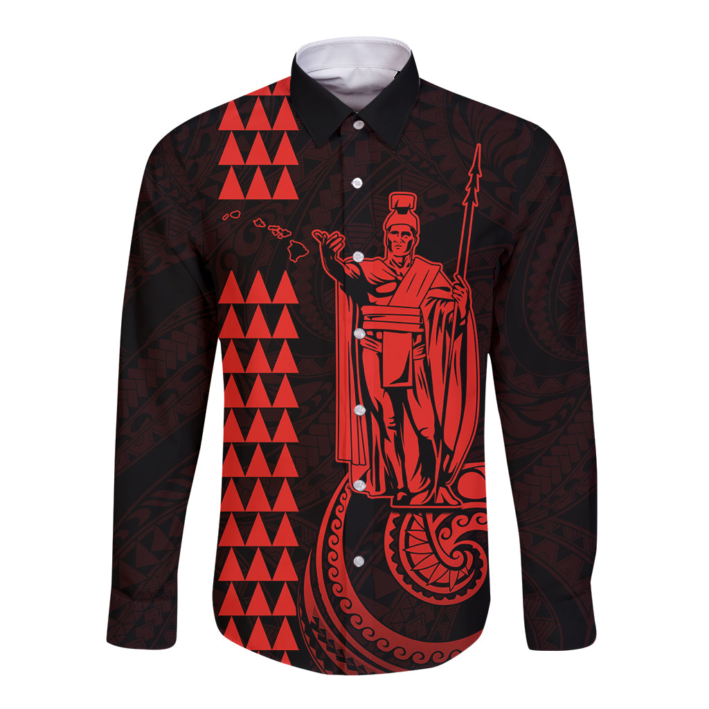 Custom Hawaii Long Sleeve Button Shirt King Kamehameha - Red LT9 Unisex Red - Polynesian Pride