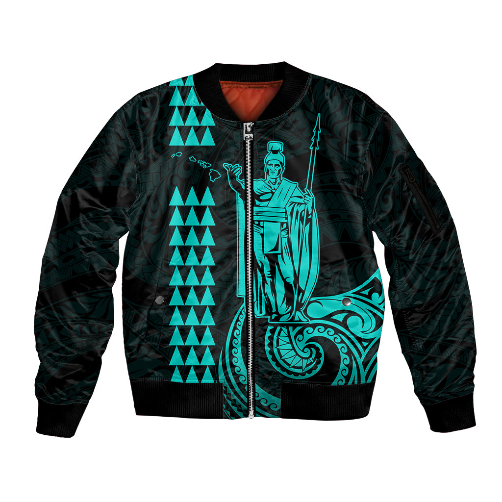 Custom Hawaii Sleeve Zip Bomber Jacket King Kamehameha - Turquoise LT9 Unisex Turquoise - Polynesian Pride