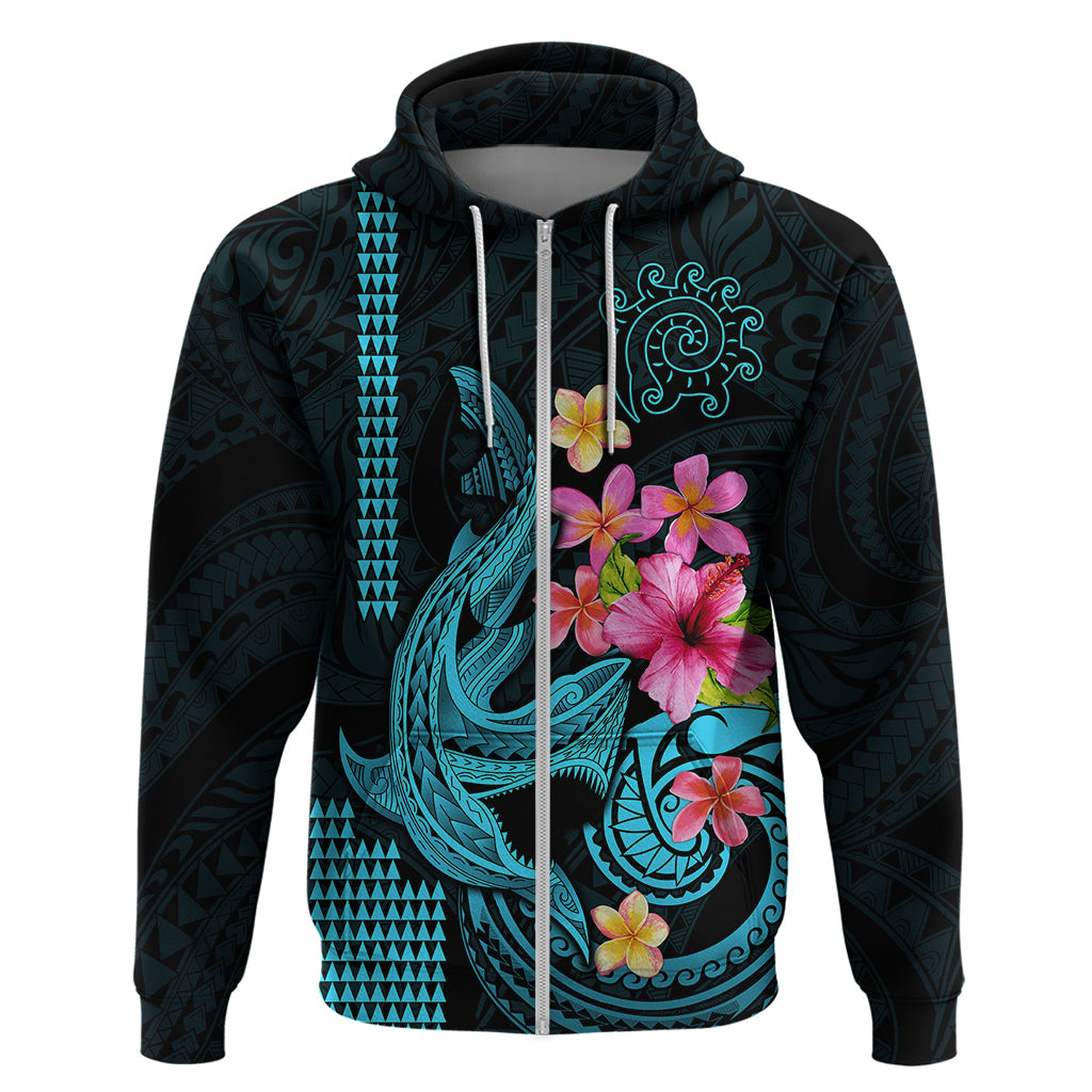 Custom Polynesian Hoodie Hawaiian Warriors with Tribal Shark Tattoos Blue LT9 Zip Hoodie Blue - Polynesian Pride