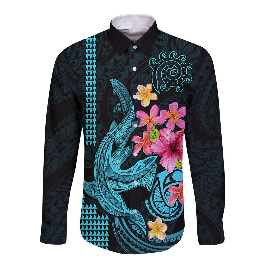 Custom Polynesian Long Sleeve Button Shirt Hawaiian Warriors with Tribal Shark Tattoos - Blue LT9 Unisex Blue - Polynesian Pride