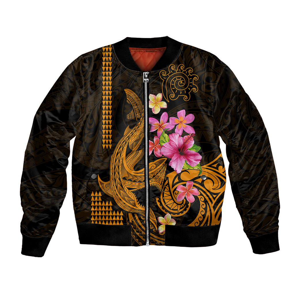 Custom Polynesian Bomber Jacket Hawaiian Warriors with Tribal Shark Tattoos - Gold LT9 Unisex Gold - Polynesian Pride