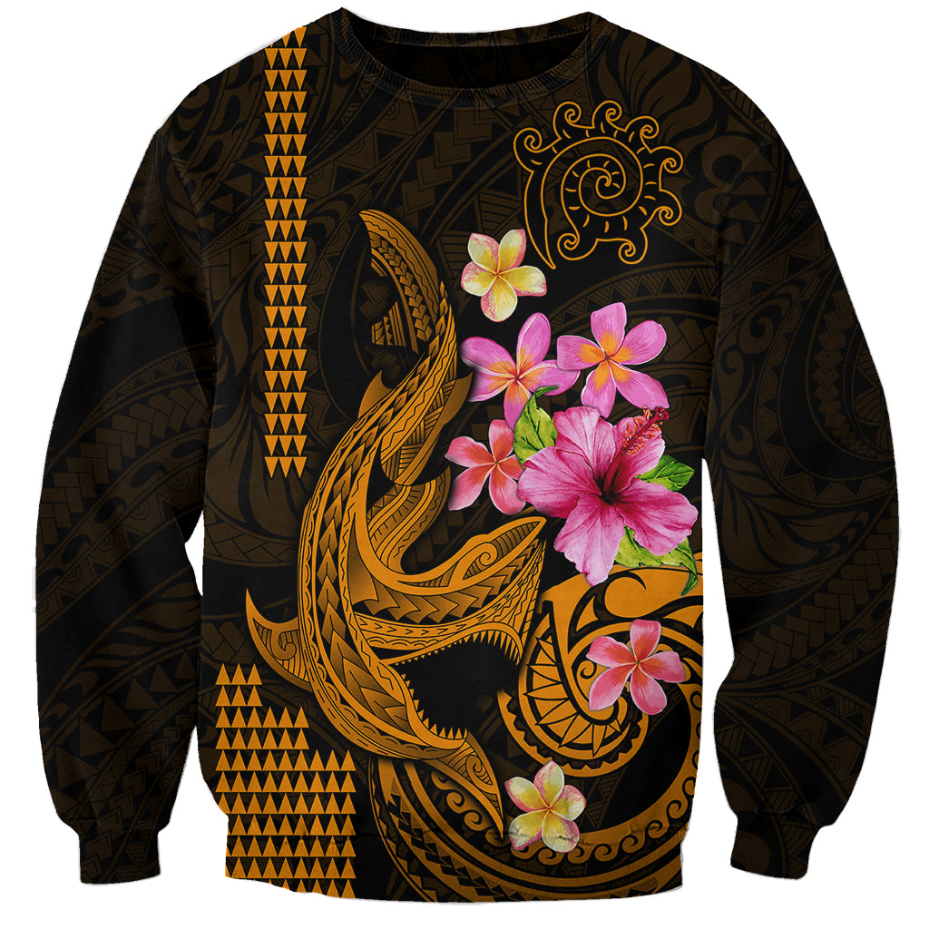 Custom Polynesian Sweatshirt Hawaiian Warriors with Tribal Shark Tattoos - Gold LT9 Unisex Gold - Polynesian Pride