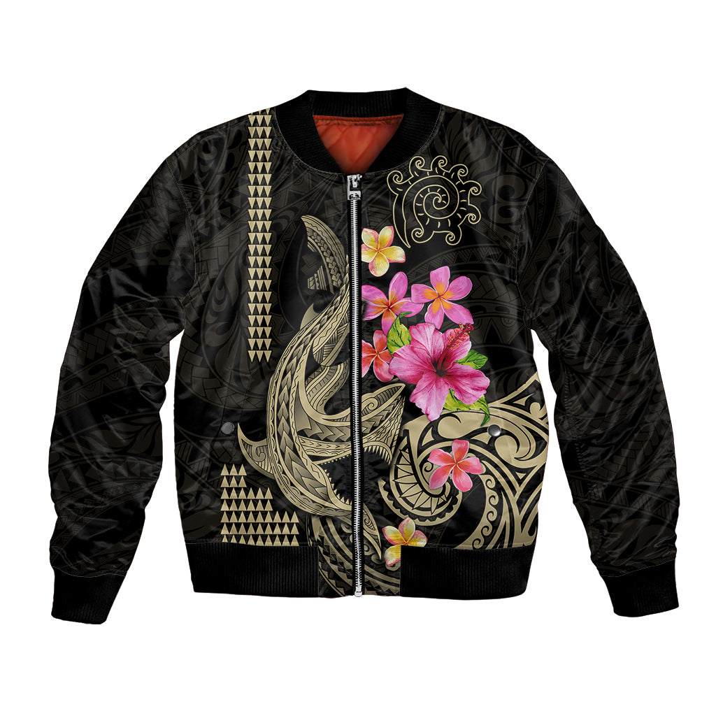 Custom Polynesian Bomber Jacket Hawaiian Warriors with Tribal Shark Tattoos - Nude LT9 Unisex Nude - Polynesian Pride