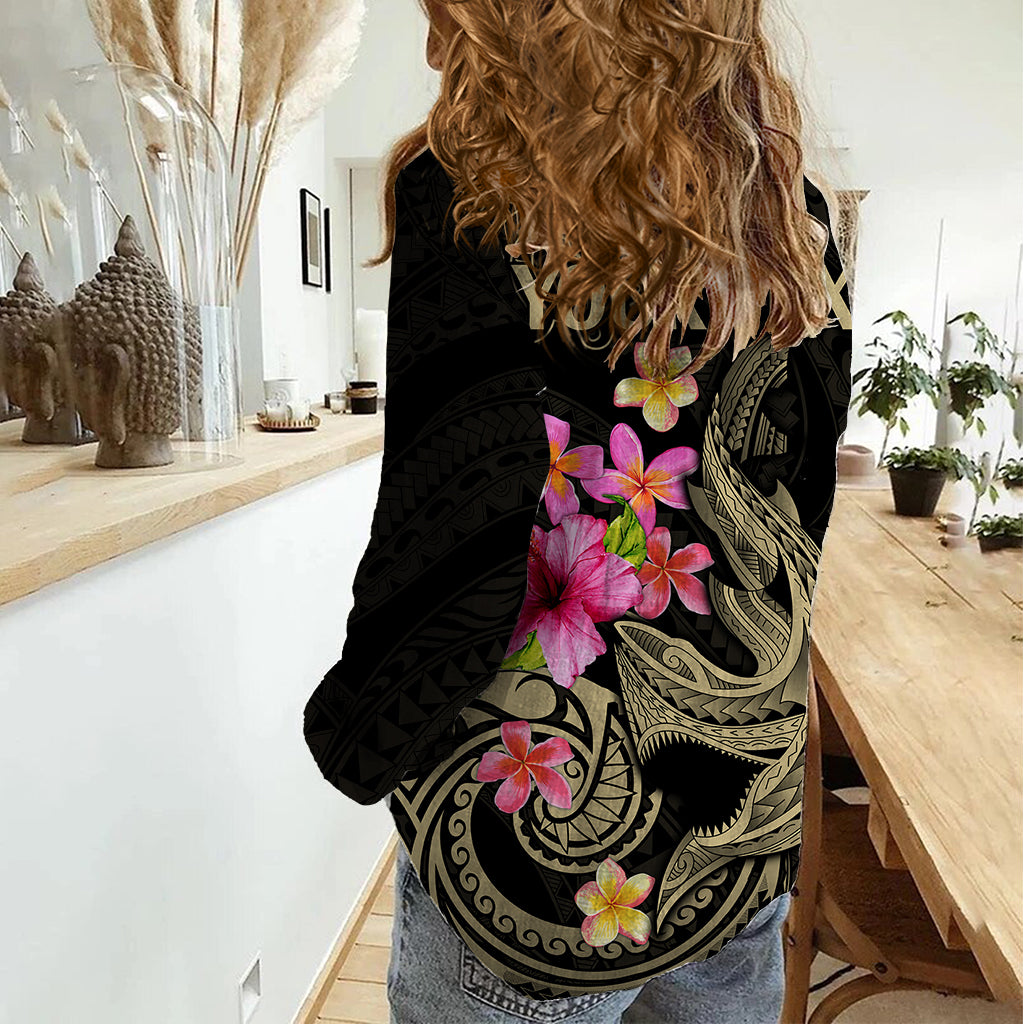 Custom Polynesian Women Casual Shirt Hawaiian Warriors with Tribal Shark Tattoos - Nude LT9 - Polynesian Pride