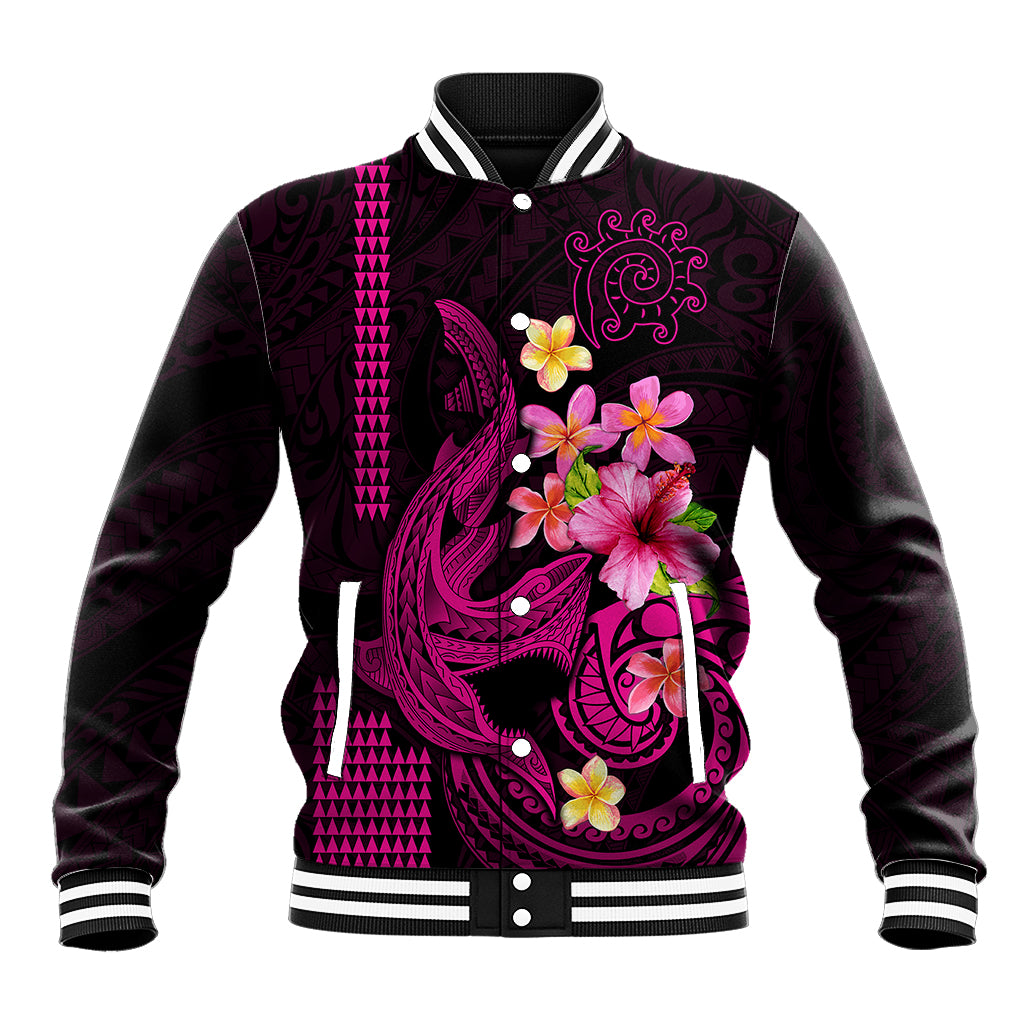 Custom Polynesian Baseball Jacket Hawaiian Warriors with Tribal Shark Tattoos - Pink LT9 Unisex Pink - Polynesian Pride
