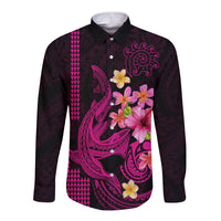 Custom Polynesian Long Sleeve Button Shirt Hawaiian Warriors with Tribal Shark Tattoos - Pink LT9 Unisex Pink - Polynesian Pride
