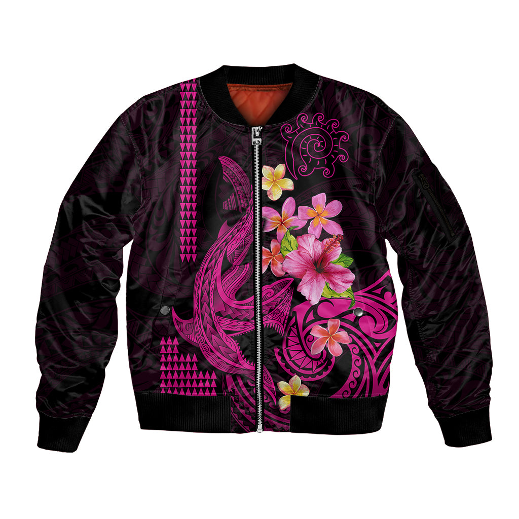 Custom Polynesian Sleeve Zip Bomber Jacket Hawaiian Warriors with Tribal Shark Tattoos - Pink LT9 Unisex Pink - Polynesian Pride