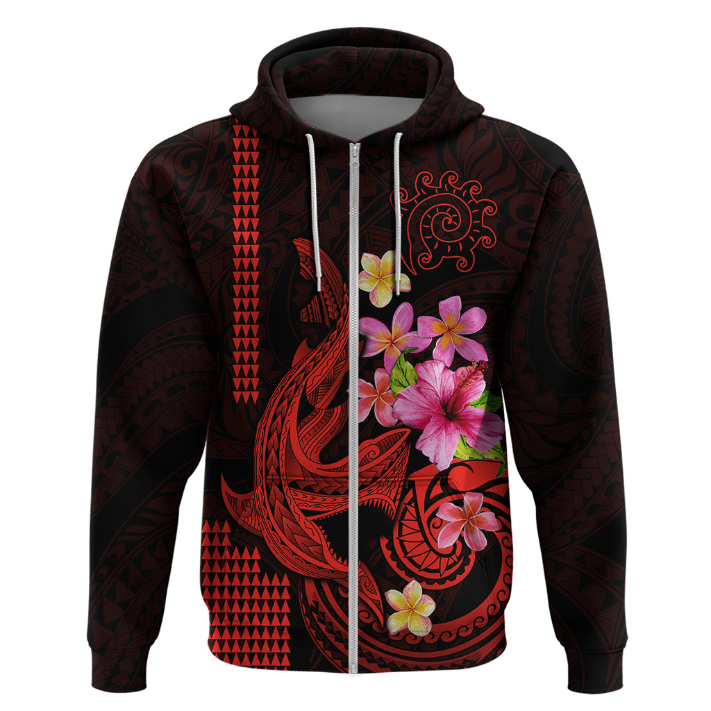 Custom Polynesian Hoodie Hawaiian Warriors with Tribal Shark Tattoos Red LT9 Zip Hoodie Red - Polynesian Pride