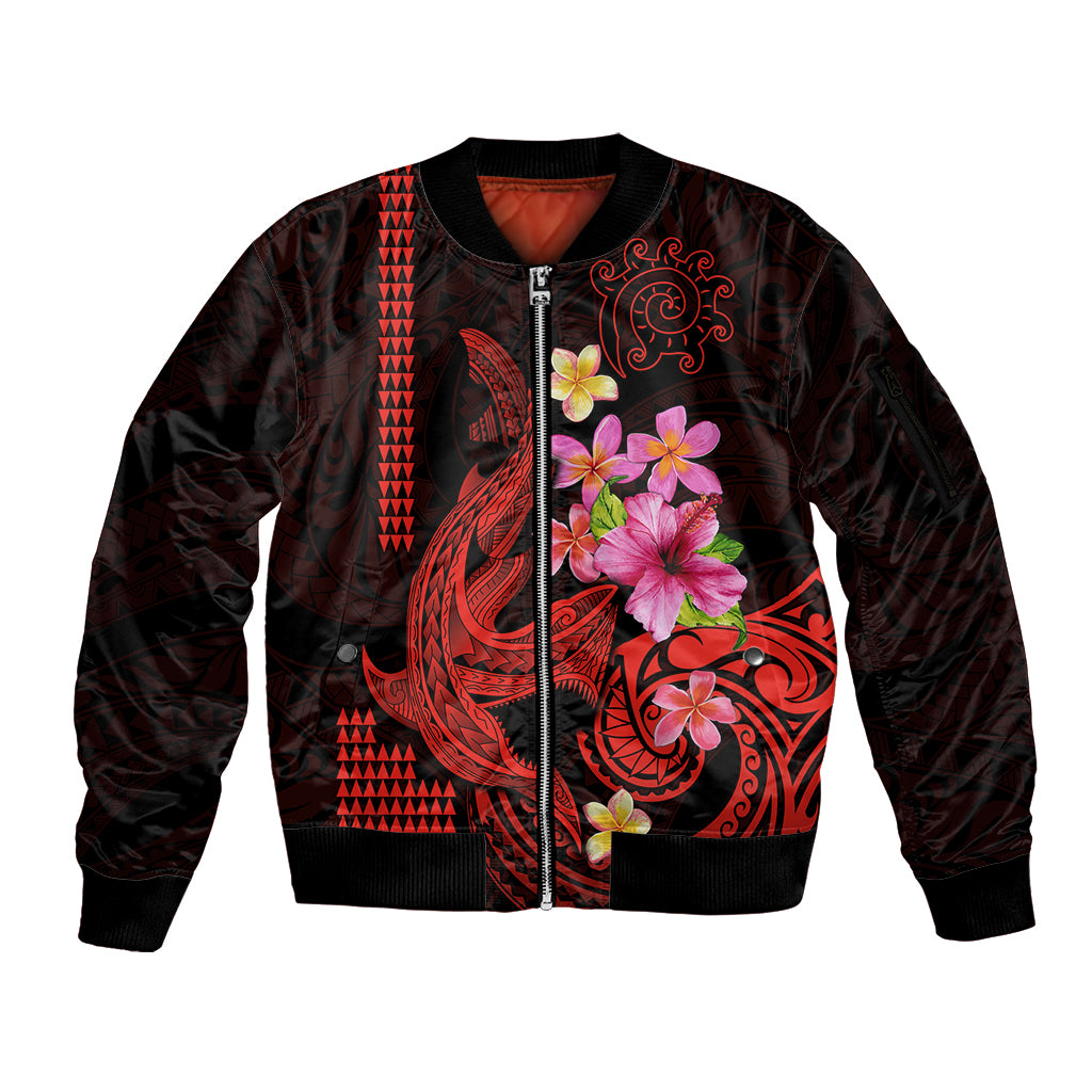 Custom Polynesian Sleeve Zip Bomber Jacket Hawaiian Warriors with Tribal Shark Tattoos - Red LT9 Unisex Red - Polynesian Pride