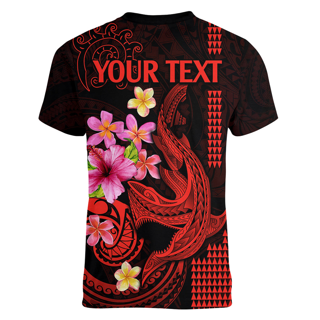 Custom Polynesian Women V Neck T Shirt Hawaiian Warriors with Tribal Shark Tattoos - Red LT9 - Polynesian Pride