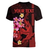 Custom Polynesian Women V Neck T Shirt Hawaiian Warriors with Tribal Shark Tattoos - Red LT9 - Polynesian Pride