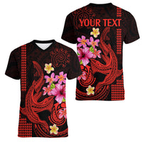 Custom Polynesian Women V Neck T Shirt Hawaiian Warriors with Tribal Shark Tattoos - Red LT9 - Polynesian Pride