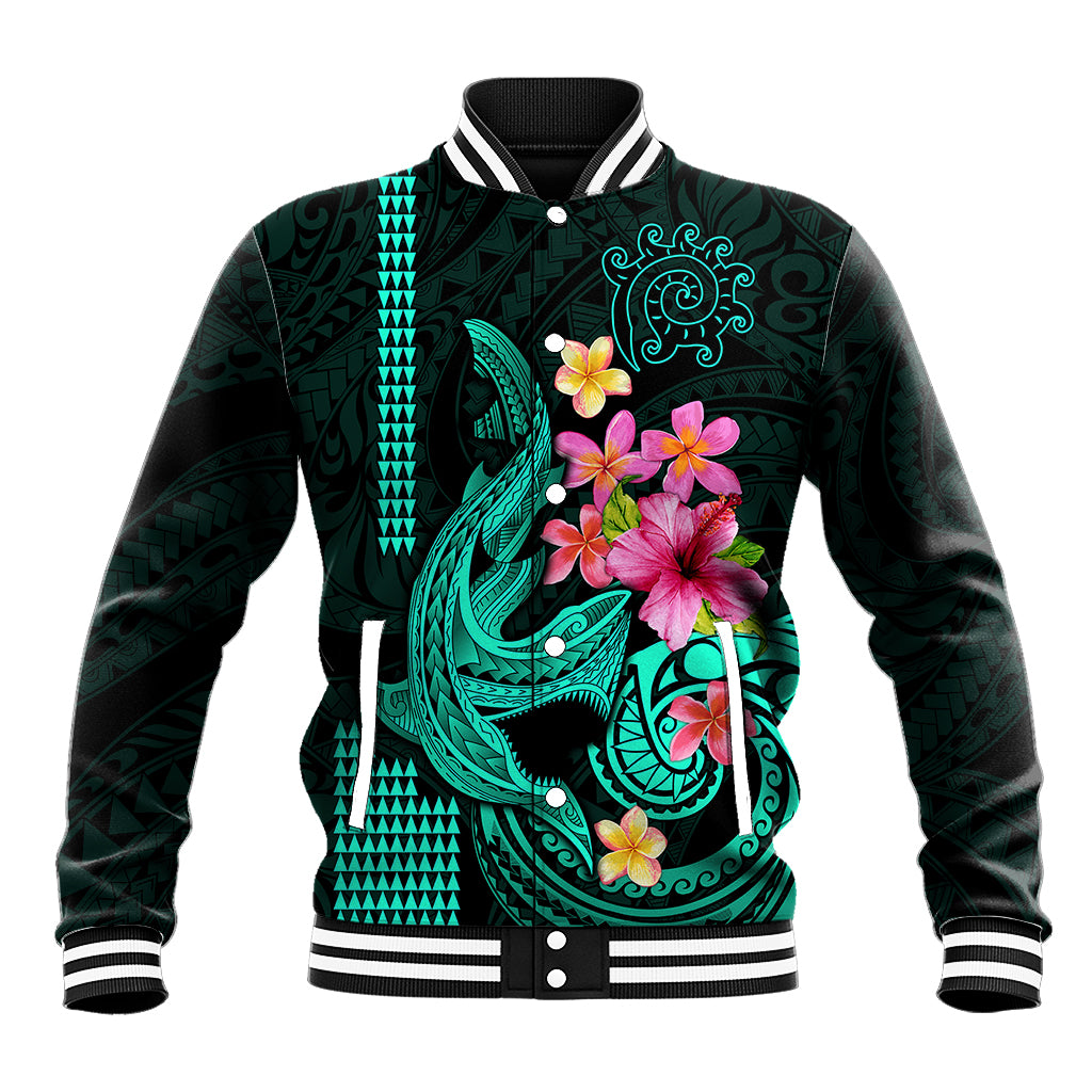 Custom Polynesian Baseball Jacket Hawaiian Warriors with Tribal Shark Tattoos - Turquoise LT9 Unisex Turquoise - Polynesian Pride