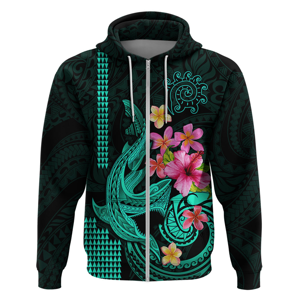Custom Polynesian Hoodie Hawaiian Warriors with Tribal Shark Tattoos Turquoise LT9 Zip Hoodie Turquoise - Polynesian Pride
