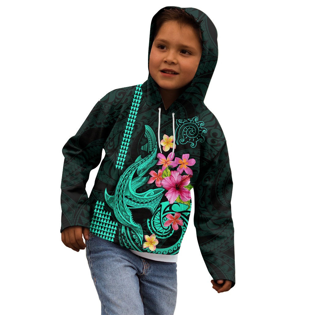 Custom Polynesian Kid Hoodie Hawaiian Warriors with Tribal Shark Tattoos - Turquoise LT9 - Polynesian Pride