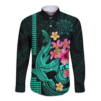 Custom Polynesian Long Sleeve Button Shirt Hawaiian Warriors with Tribal Shark Tattoos - Turquoise LT9 Unisex Turquoise - Polynesian Pride