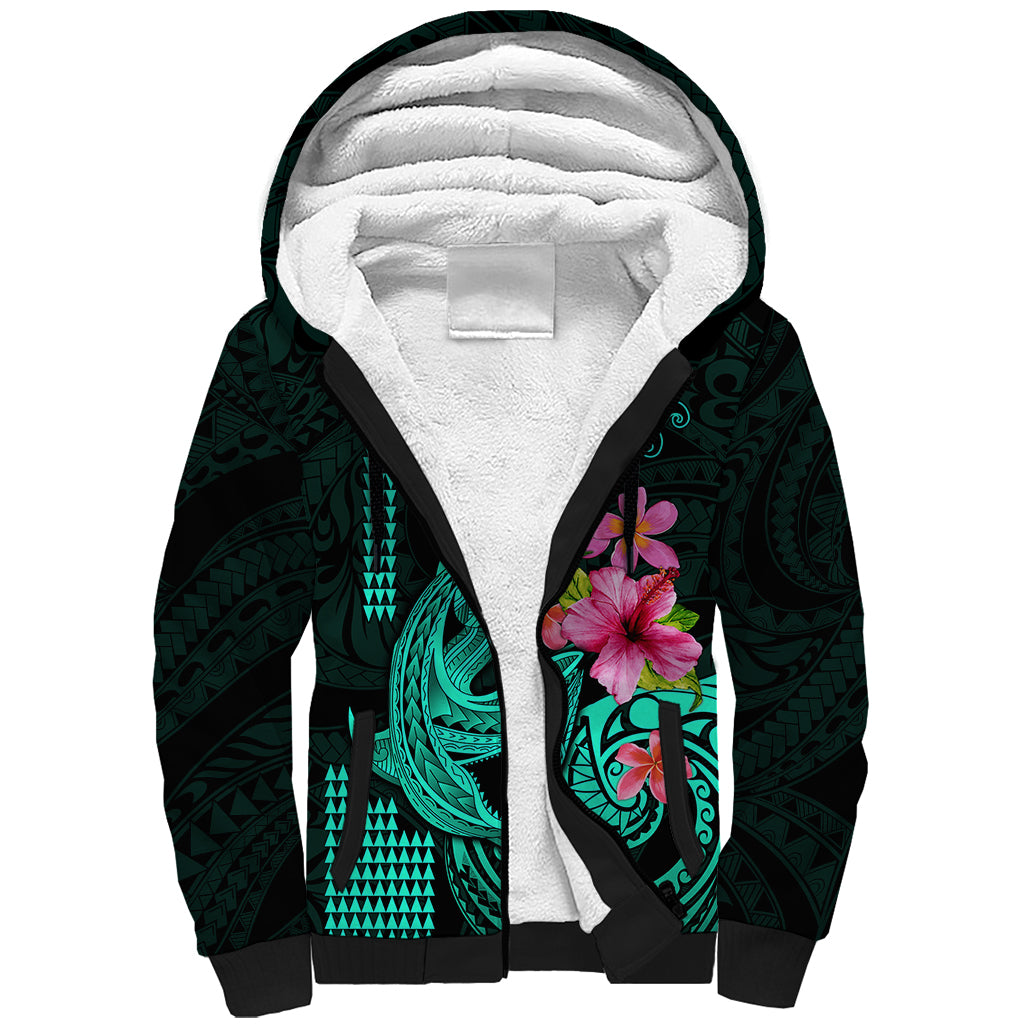 Custom Polynesian Sherpa Hoodie Hawaiian Warriors with Tribal Shark Tattoos - Turquoise LT9 Unisex Turquoise - Polynesian Pride
