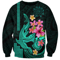 Custom Polynesian Sweatshirt Hawaiian Warriors with Tribal Shark Tattoos - Turquoise LT9 Unisex Turquoise - Polynesian Pride