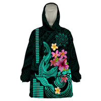 Custom Polynesian Wearable Blanket Hoodie Hawaiian Warriors with Tribal Shark Tattoos - Turquoise LT9 One Size Turquoise - Polynesian Pride