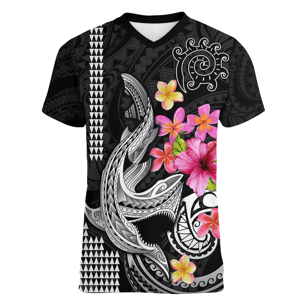 Custom Polynesian Women V Neck T Shirt Hawaiian Warriors with Tribal Shark Tattoos - White LT9 Female White - Polynesian Pride