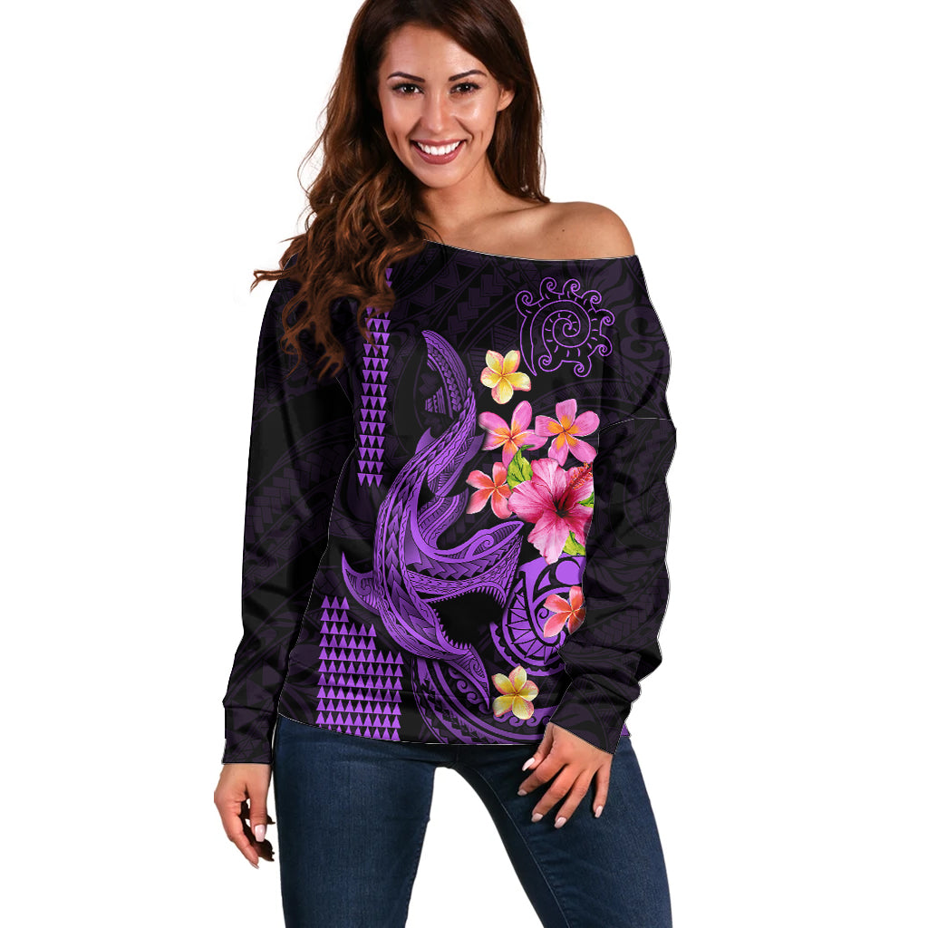 Custom Polynesian Off Shoulder Sweater Hawaiian Warriors with Tribal Shark Tattoos - Purple LT9 Women Purple - Polynesian Pride