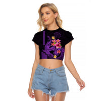 Custom Polynesian Raglan Cropped T Shirt Hawaiian Warriors with Tribal Shark Tattoos - Purple LT9 Female Purple - Polynesian Pride