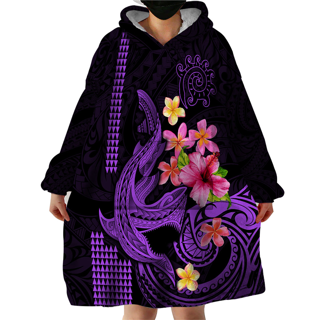 Custom Polynesian Wearable Blanket Hoodie Hawaiian Warriors with Tribal Shark Tattoos - Purple LT9 - Polynesian Pride