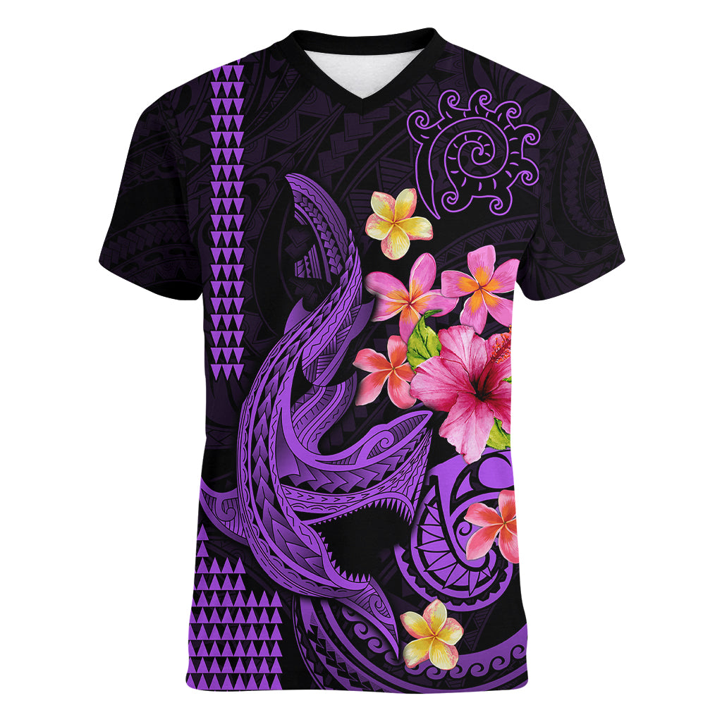 Custom Polynesian Women V Neck T Shirt Hawaiian Warriors with Tribal Shark Tattoos - Purple LT9 Female Purple - Polynesian Pride