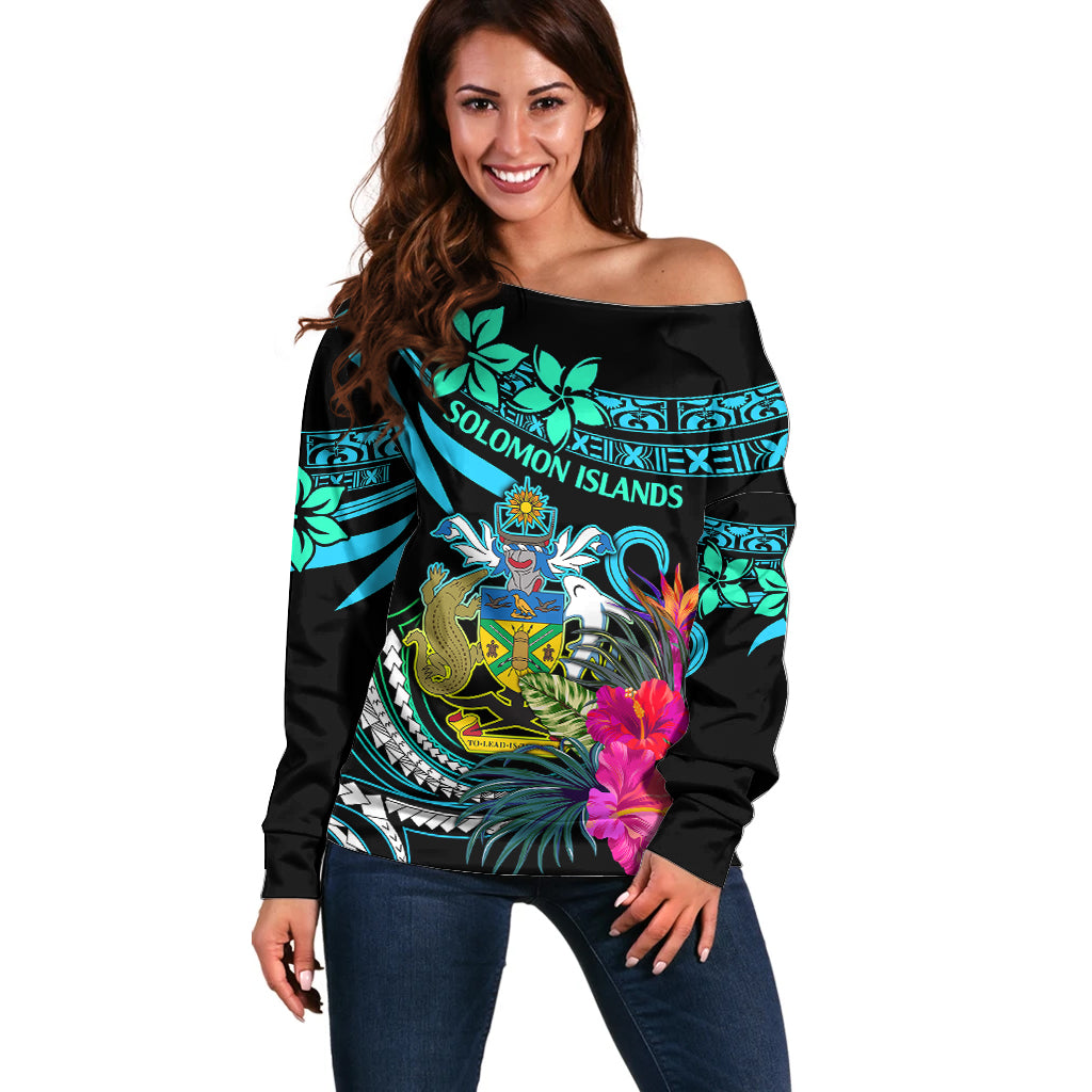 Solomon Islands Off Shoulder Sweater Happy Independence Day LT9 Women Blue - Polynesian Pride