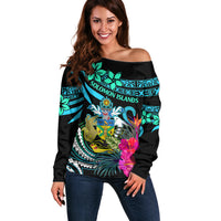 Solomon Islands Off Shoulder Sweater Happy Independence Day LT9 Women Blue - Polynesian Pride