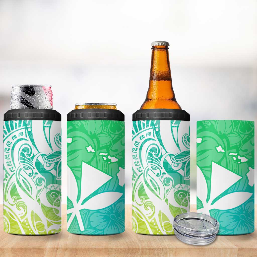 Polynesian Tribal Plumeria 4 in 1 Can Cooler Tumbler with Hawaii Kanaka Maoli Green Gradient Version